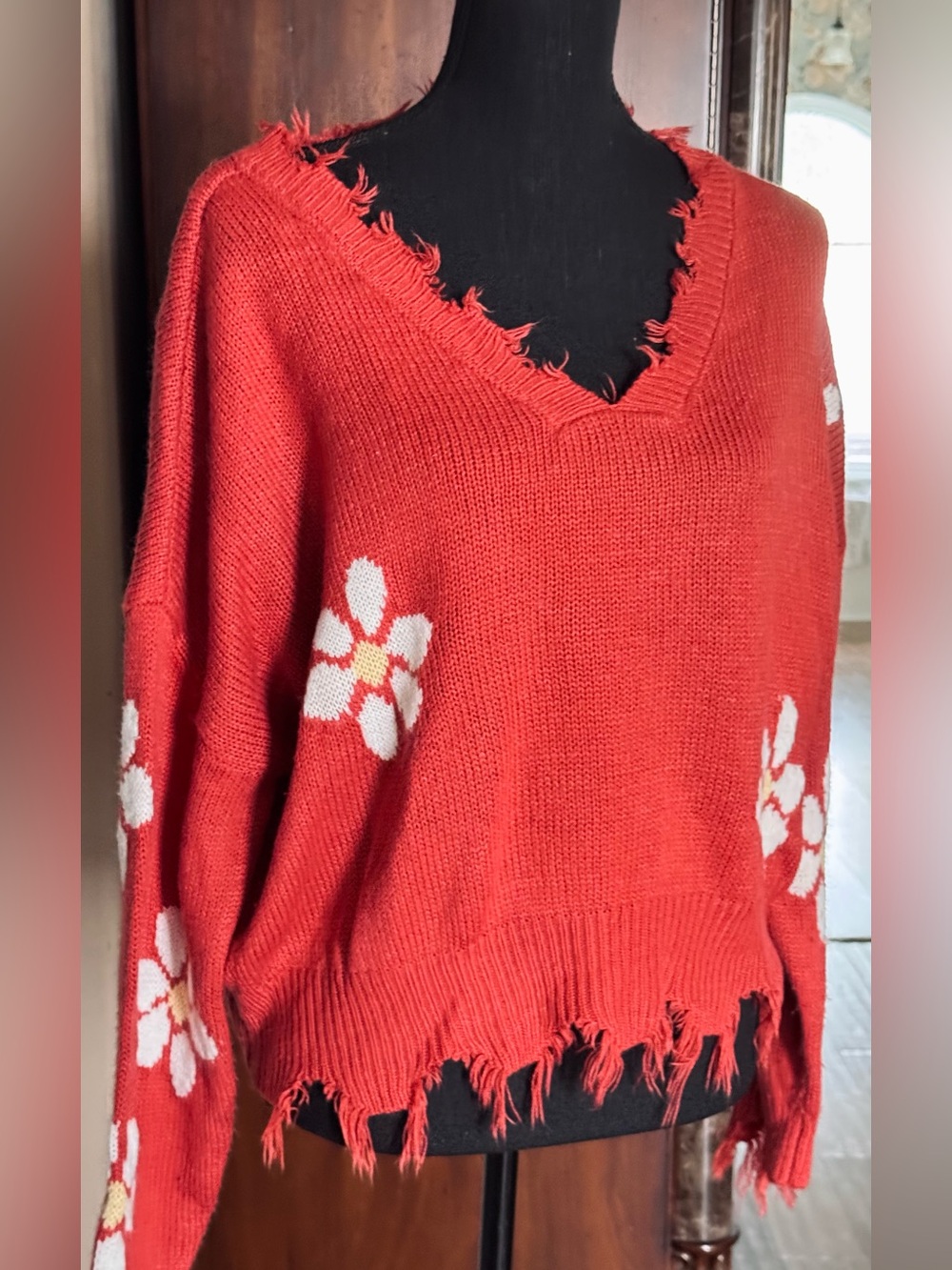 No Comment Floral Distressed Sweater